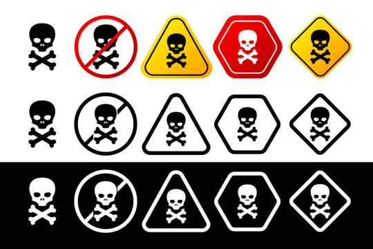 Collection of skull and bones warning signs in different color and design. Danger sign, warning sign, attention sign. Attention icon warning of danger. Vector illustration.