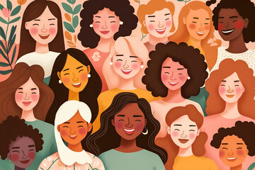 International Women’s Day Artwork. Fictional women flat lay 2D illustration. Gender, Diversity and women’s right concept image. Made with Generative AI