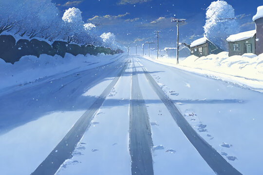 アニメ映画風の雪国系背景のイラスト(AI generated image)