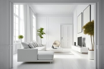 Fototapeta na wymiar Sleek and Serene Living Room Interior - Bright, Airy and Minimalist - Modern Home Decor and Inspiration generative ai 