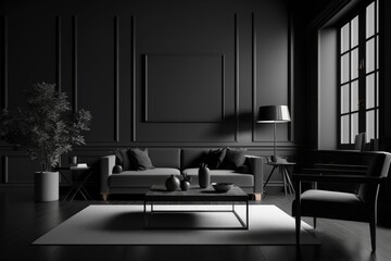 Modern and Minimalist black Living Room Interior - Spacious, Sleek and Serene with Natural Light and Open Concept Design, Home Decor and Inspiration generative ai 