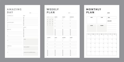 3 set of Daily, Weekly, Monthly Planner template. Make your day more easily and happy. Vector template.	