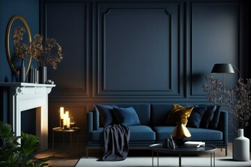 Modern and Minimalist dark blue Living Room Interior - Spacious, Sleek and Serene with Natural Light and Open Concept Design, Home Decor and Inspiration generative ai 
