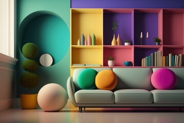 Modern and Minimalist colorful Living Room Interior - Spacious, Sleek and Serene with Natural Light and Open Concept Design, Home Decor and Inspiration generative ai 