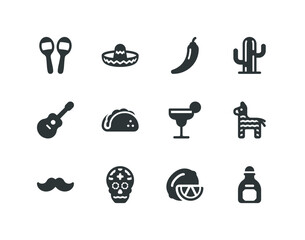 Cinco de Mayo and day of the dead solid glyph icon set with Mexico related icons