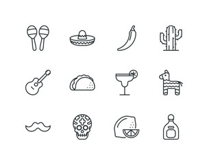 Cinco de Mayo and day of the dead line icon set with Mexico related icons