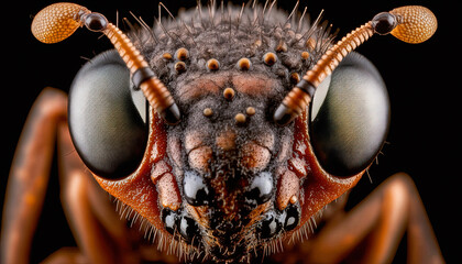 Extreme close up of ant face. Macro photography created with Generative AI