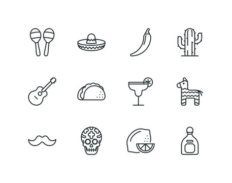 Cinco de Mayo and day of the dead line icon set with Mexico related icons