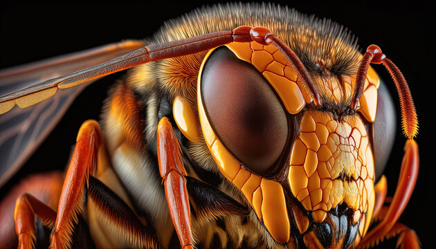 Close up of a hornet on black background. Created with Generative AI