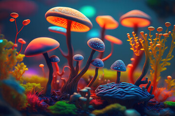 Fototapeta na wymiar Glowing Mushrooms.Generative Ai