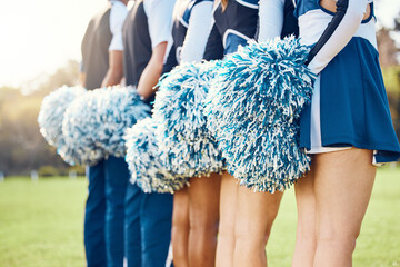 Cheerleader pom poms, backs and students in cheerleading uniform on a outdoor field. Athlete group, college sport collaboration and game cheer prep ready for cheering, stunts and fan applause - obrazy, fototapety, plakaty