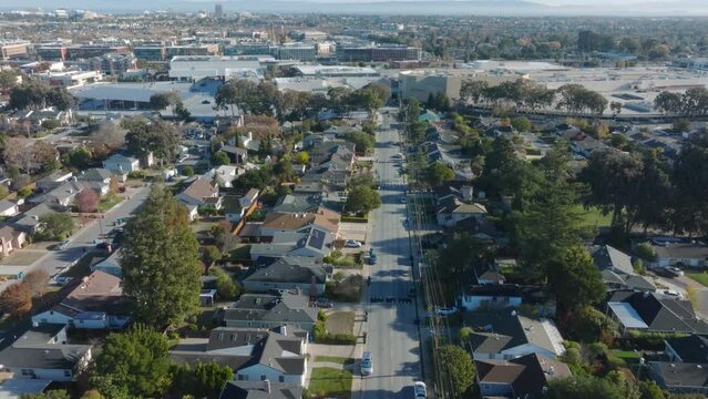 Aerial view of the Hillsdale neighborhood in California, right next to an urban shopping center.