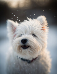 cute white fluffy happy baby pup dog playing in the snow, Generative AI