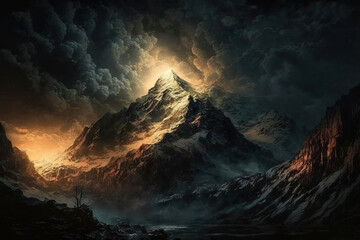 Fototapeta na wymiar mountains covered in clouds cinematic view. Generative Ai