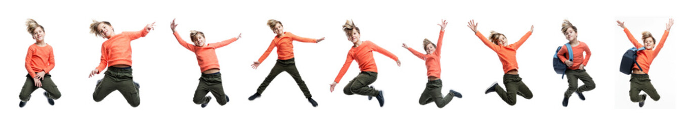 A 9 year old boy is jumping. Joyful guy in trousers and an orange sweater. Energy and movement. Collage, set. Isolated on white background. Panorama format.