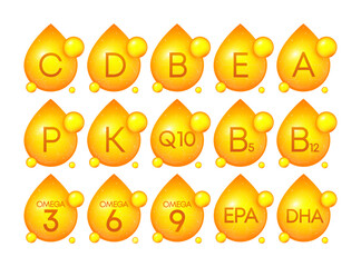 Vitamin drops set. Gelatin and Vitamin complex collection. The concept of a healthy lifestyle, nutrition. Vector illustration.