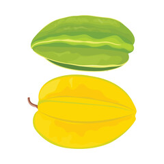 Vector illustration of whole star fruit, half and green leaf Isolated on a white background. Yellow and green carambola in cartoon flat style. Fresh starfruit used for poster, website, brochure,