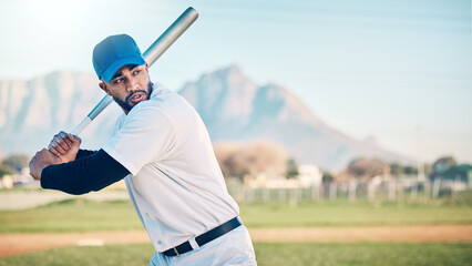 Baseball swing, athlete and mountains of a professional player from Dominican Republic outdoor. Sport field, bat and sports helmet of a man doing exercise, training and workout for a game with mockup - obrazy, fototapety, plakaty