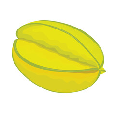 Vector illustration of whole star fruit, half and green leaf Isolated on a white background. Yellow and green carambola in cartoon flat style. Fresh starfruit used for poster, website, brochure,