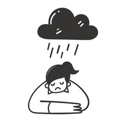 hand drawn doodle depression or stress woman with rain cloud illustration