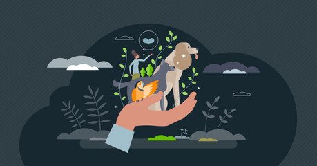 Animal welfare and domestic creature happiness protection tiny person concept. House dog, cat or bird healthcare awareness and best support with friendly attitude from veterinarian vector illustration