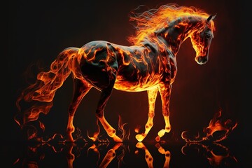 Obraz premium a horse made of fire on a dark background, generative AI