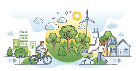 Clean energy community ecosystem with green lifestyle city outline concept. Society with sustainable, environmental and nature friendly thinking vector illustration. Life with alternative power usage © VectorMine