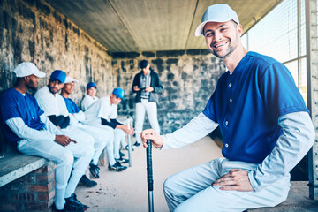 Baseball player, portrait and sports stadium dugout with softball team ready for ball game....