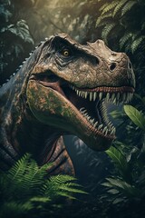 Tyrannosaurus dinosaur in the rainforest. Generative AI - obrazy, fototapety, plakaty