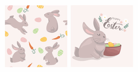 Seamless pattern with rabbit cartoons and carrots and eggs on pink background. Rabbit sitting with easter eggs on pink background vector illustration set.