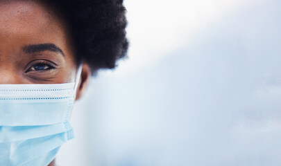 Black woman in face mask, healthcare and covid with portrait, mockup space and medical compliance for safety. Health insurance, virus and ppe, cropped and pandemic with professional in medicine