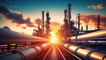 Industry pipeline transport petrochemical, gas and oil processing, furnace factory line, rack of heat chemical manufacturing, equipment steel pipes plant with Generative AI. - obrazy, fototapety, plakaty