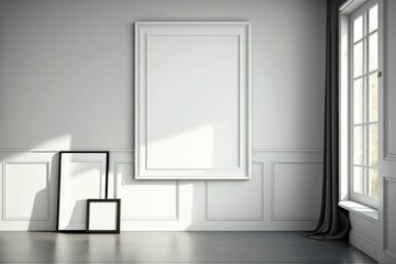 big blank picture frame art in a white room with two small canvas laying to wall, empty copy space, product display, bright frame mock up, white blank canvas, generative ai