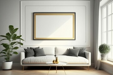 big picture frame art in a white room, empty copy space, product display, bright frame mock up, white blank canvas, generative ai