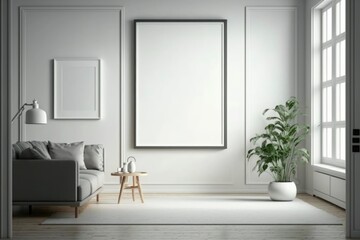 Obraz na płótnie Canvas big picture frame art in a white room, empty copy space, product display, bright frame mock up, white blank canvas, generative ai