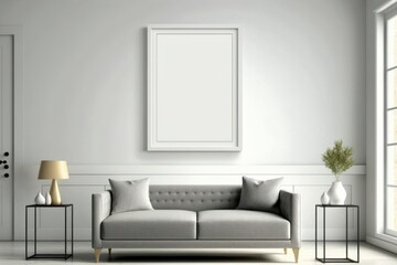 big picture frame art in a white room, empty copy space, product display, bright frame mock up, white blank canvas, generative ai