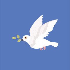 White flying pigeon holding twig with leaves in beak side view flat style