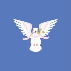 White flying pigeon flying and holding in beak pink ribbon and twig front view flat style