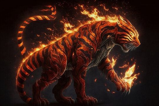 mythical tiger in fire flames on dark background