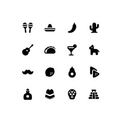 Cute Cinco de Mayo and day of the dead solid glyph icon set with Mexico related icons
