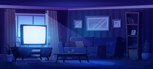 Dark living room interior with tv at night. Empty home or apartment interior with window, sofa, television set on stand, coffee table and bookcase in evening, vector cartoon illustration
