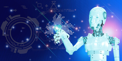 Fototapeta premium 3D robotic with element hud futuristic digital icon abstract blue bakground, technology concept