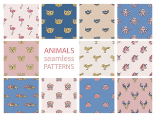 Set of animal patterns. Collection of repeat zoo backgrounds for textile, design, fabric, cover etc.