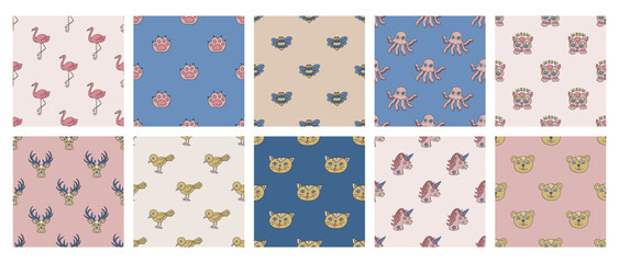 Set of animal patterns. Collection of repeat zoo backgrounds for textile, design, fabric, cover etc.