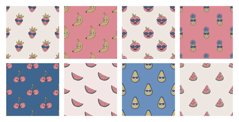 Set of cool fruit and berry patterns. Collection of repeat food elements backgrounds for textile, design, fabric, cover etc.	