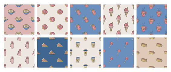 Set of fast food patterns. Collection of repeat food elements backgrounds for textile, design, fabric, cover etc.	