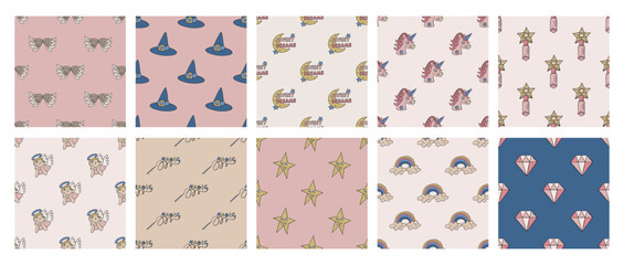 Set of cute magic patterns. Collection of dreamy backgrounds for textile, design, fabric, cover etc.	