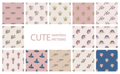Set of cute magic patterns. Collection of dreamy backgrounds for textile, design, fabric, cover etc.	