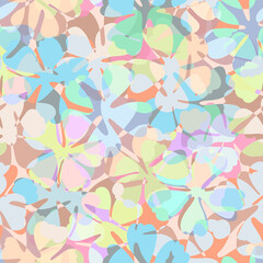 Spring botanical layered seamless pattern with light multicolor transparent mosaic flowers