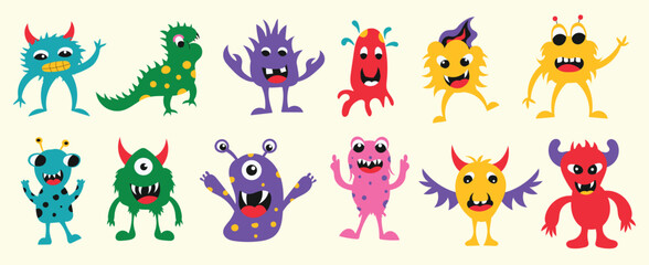 Naklejka premium Cute Monster Collection For Kids Design In Hand Drawn Comic Style, Animal Characters for party, card, invitation design